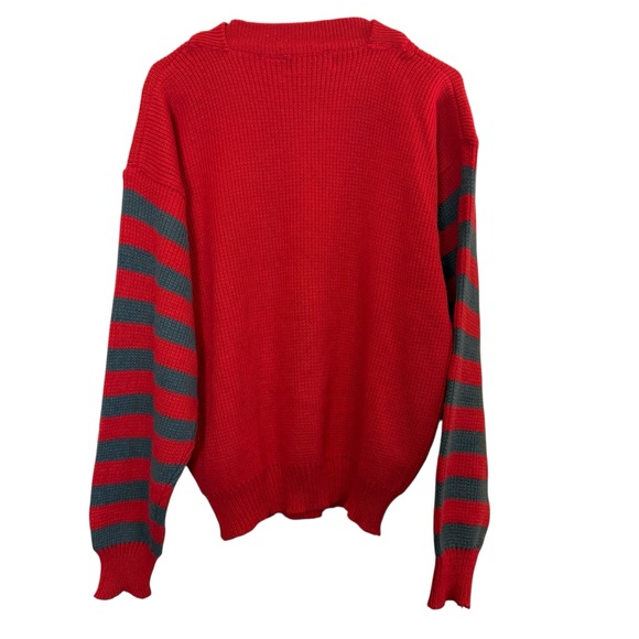 Vintage DJ Smash Red Sweater with Gray Stripes and Embroidered Motif Sz L - Picture 3 of 8